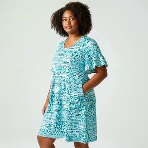 Chico’s Ruffle Sleeve Dress 4 Drops of Rain Teal/White Side Pockets knee Length